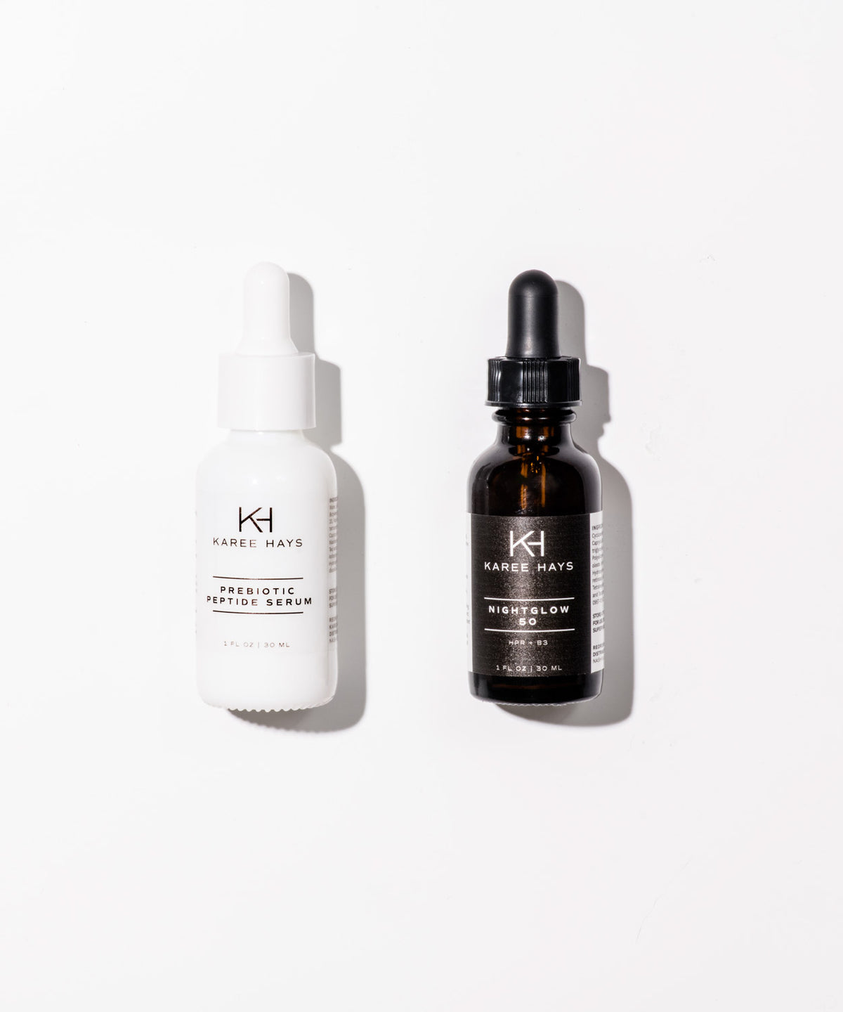 Karee Hays skincare products set including NightGlow Serum and Prebiotic Peptide Serum