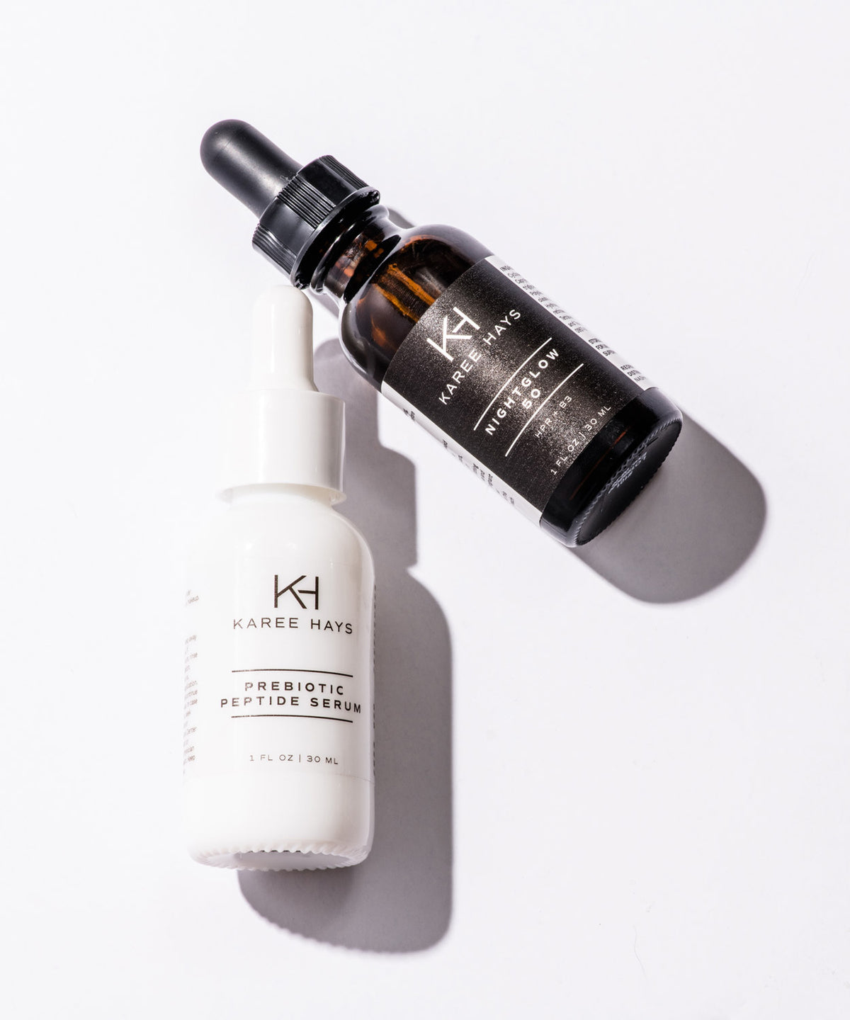Karee Hays skincare products set including NightGlow Serum and Prebiotic Peptide Serum