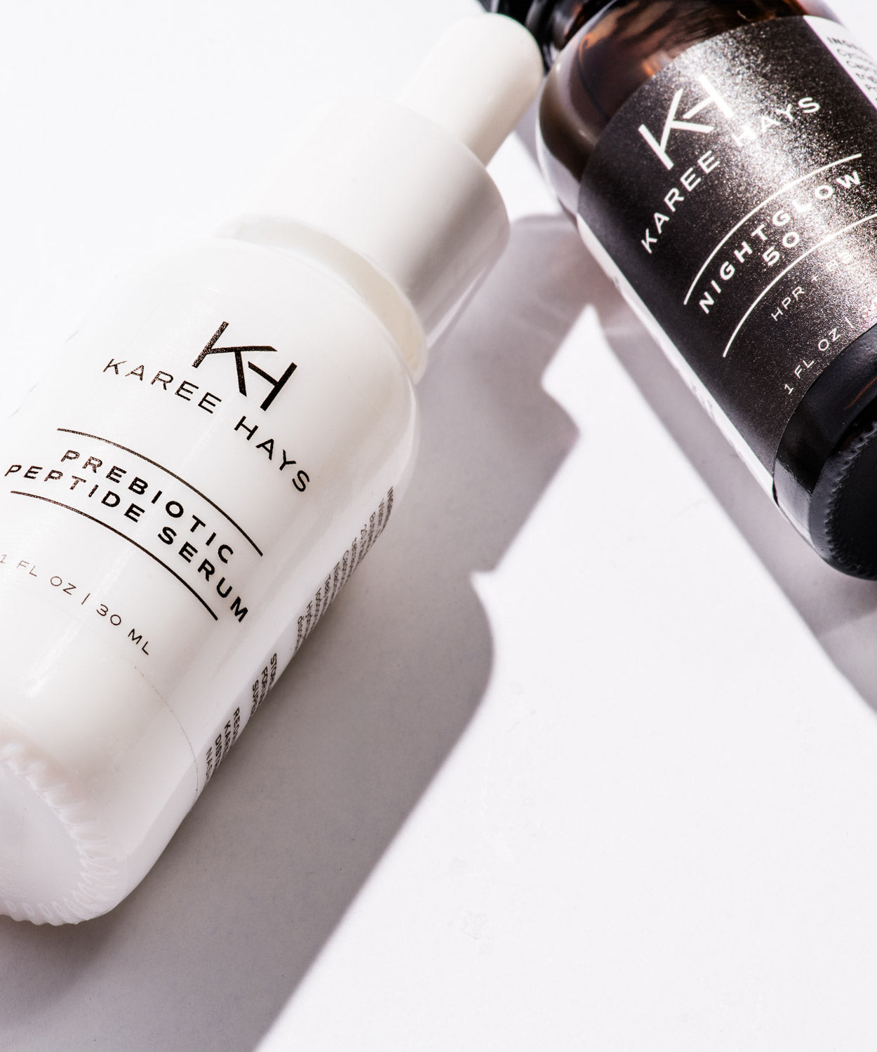 Karee Hays skincare products set including NightGlow Serum and Prebiotic Peptide Serum