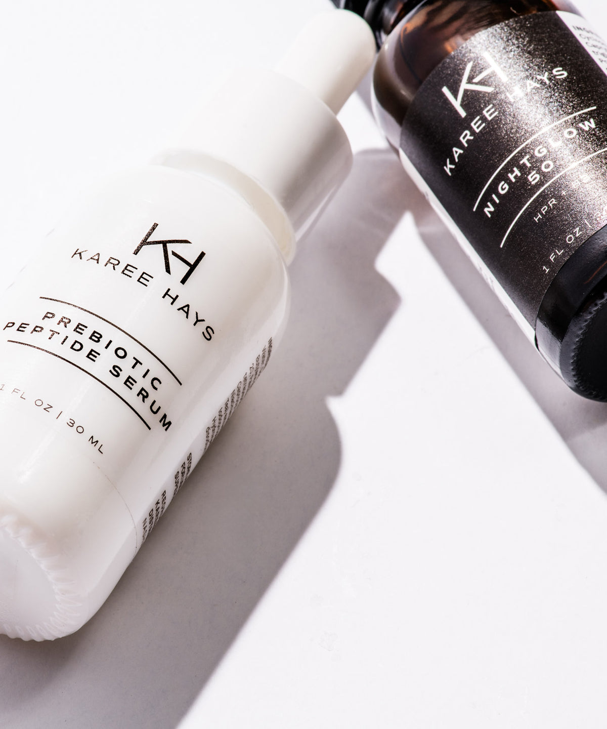 Karee Hays skincare products set including NightGlow Serum and Prebiotic Peptide Serum