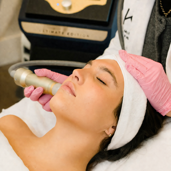 Woman receiving a facial treatment with a device, wearing a pink headband and gloves.