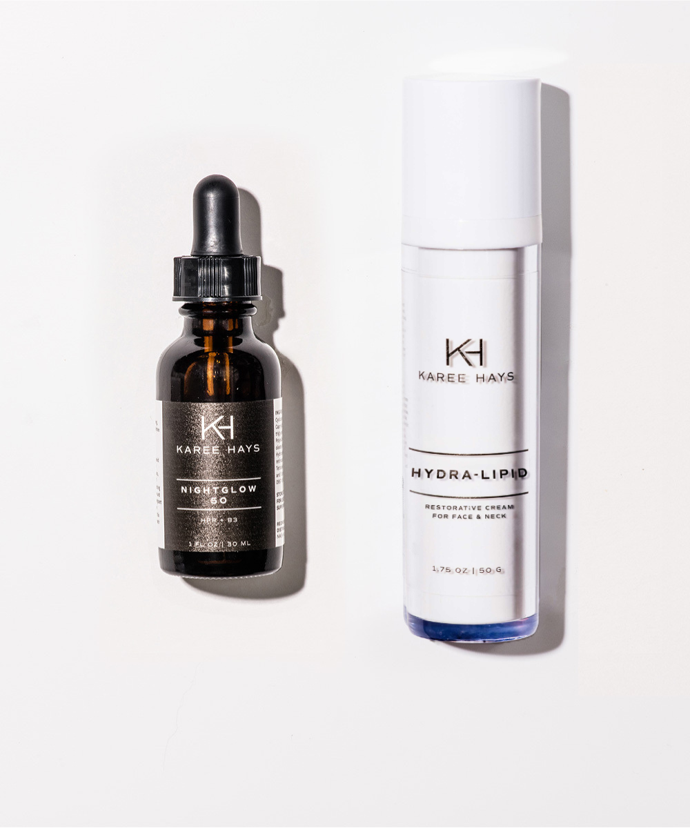 Karee Hays skincare products set including Hydra Lipid Cream and Night Glow Serum